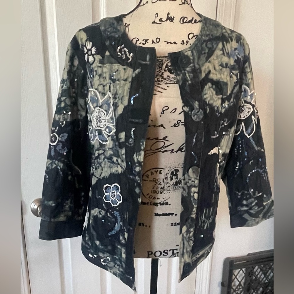 Chico's - Denim Blue Jacket with sequins designs in excellent condition size 2